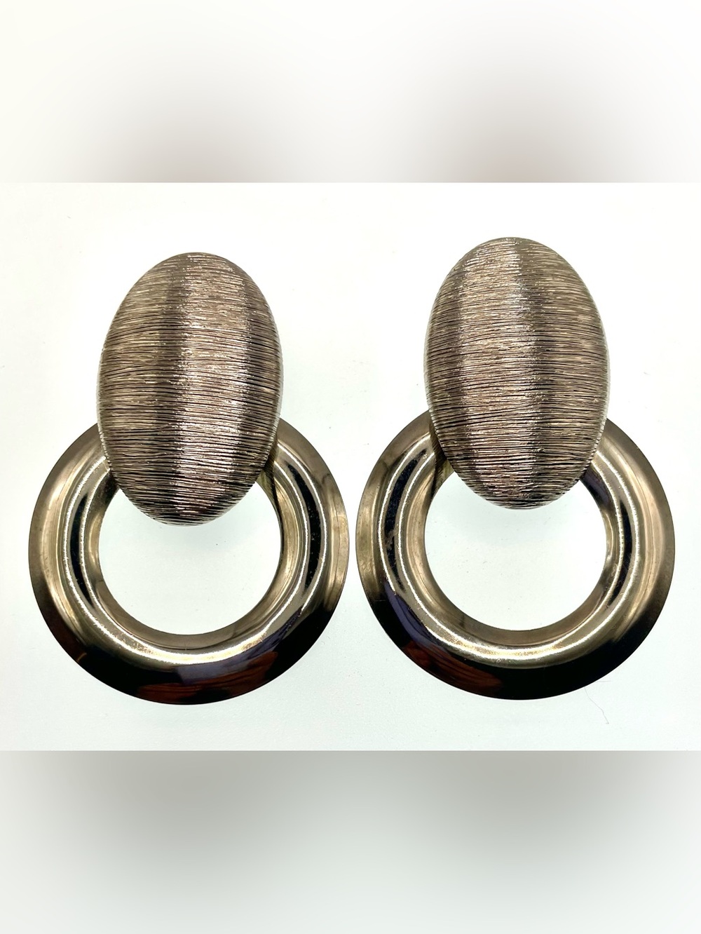 Vintage Oversized Silver Tone Door Knocker Earrings Textured Statement Pierced